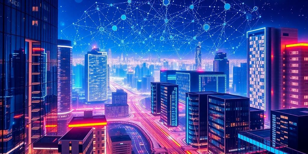 Futuristic cityscape with blockchain elements and glowing networks.