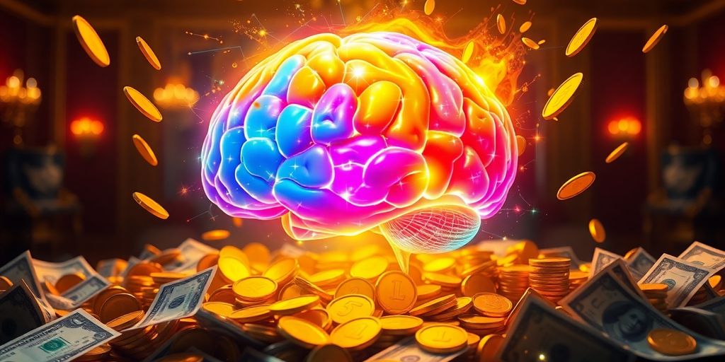 Colorful brain with coins, illustrating financial abundance.