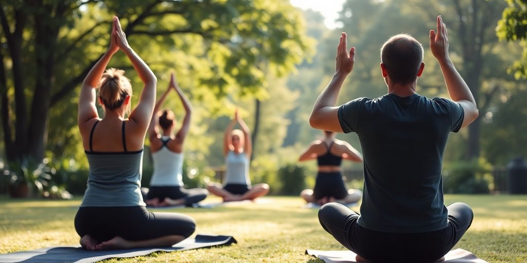 People practicing yoga in a tranquil outdoor setting.