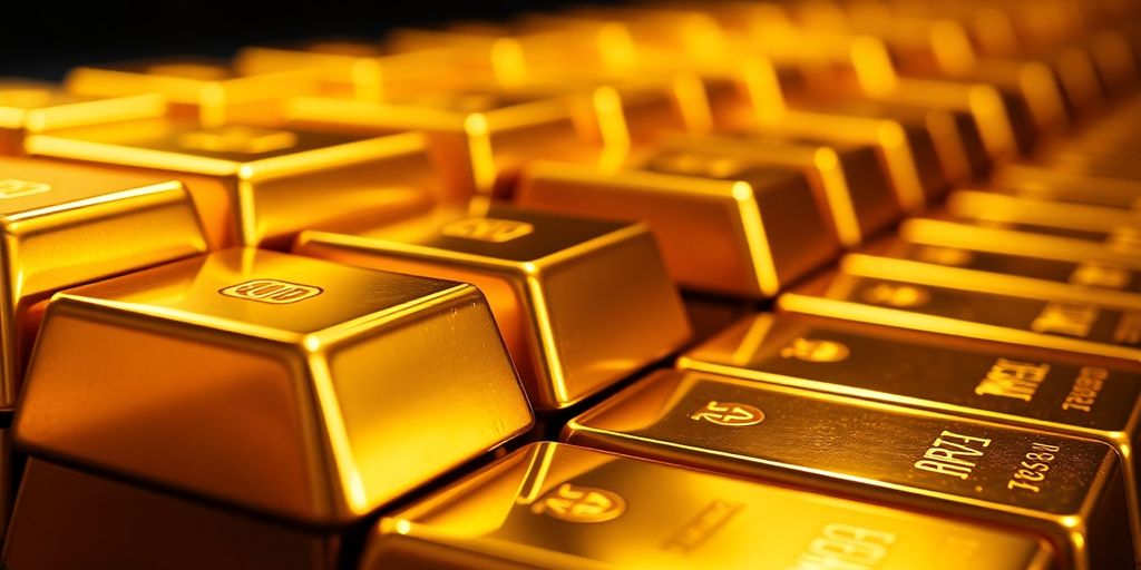 Barres d'or empilées sur un fond sombre.