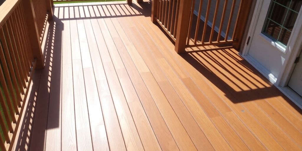Beautifully constructed wooden deck with railing.