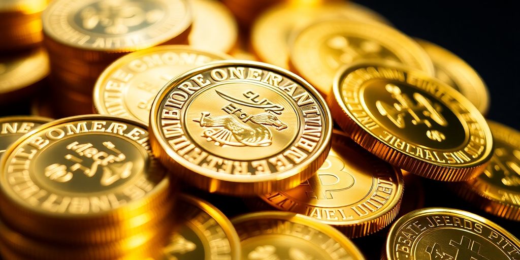 Pièces d'or brillants dans une pile.