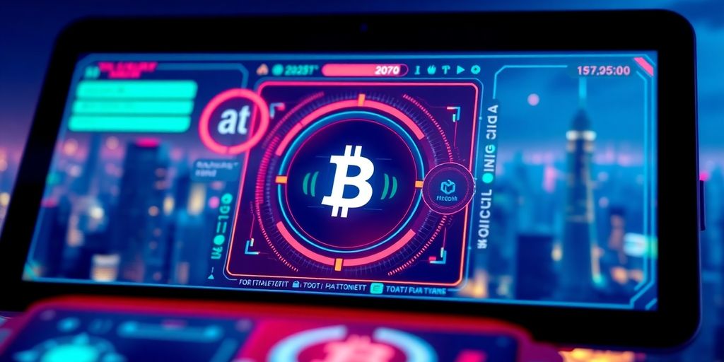 Futuristic digital wallet interface with city skyline backdrop.