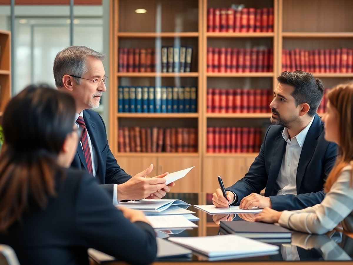 Avocat discutând despre dreptul civil cu clienții.