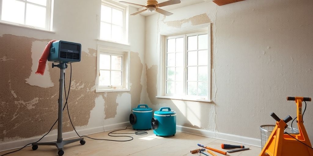 A well-lit room drying after a water leak.