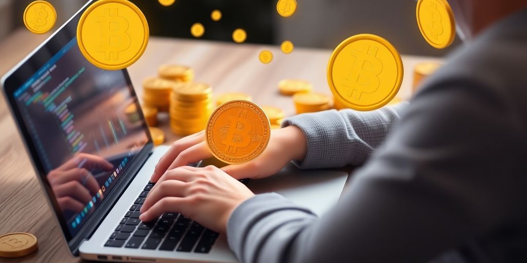 Person trading cryptocurrency on laptop with coins.