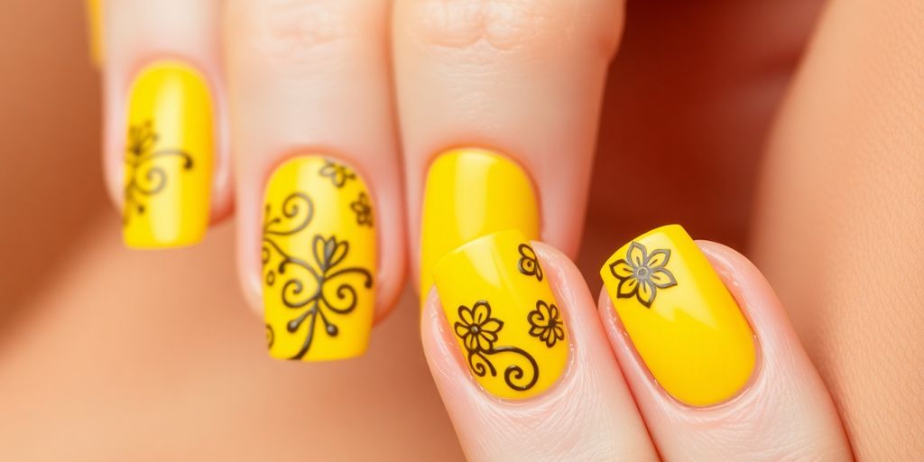 Unhas amarelas decoradas com padrões criativos e elegantes.