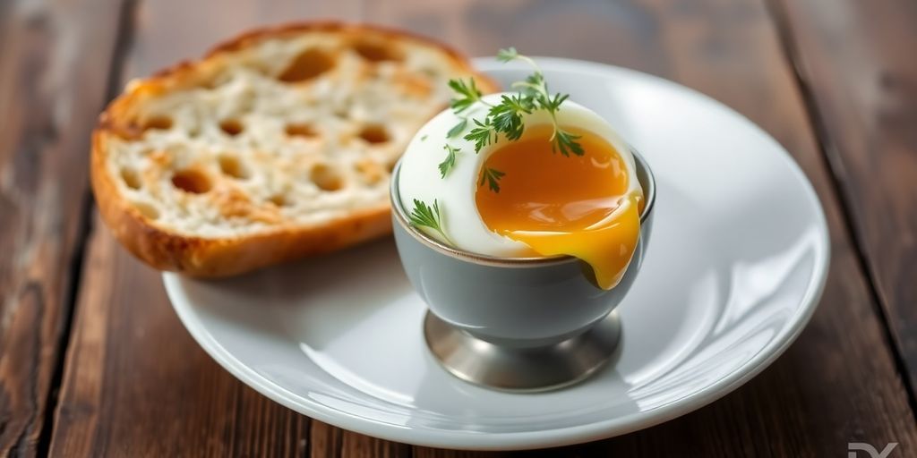 ไข่ลวกในถ้วยไม้พร้อมขนมปังปิ้ง