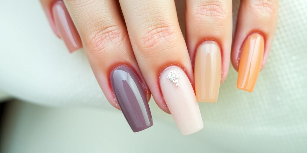 Close-up of elegant nail extensions with intricate designs.