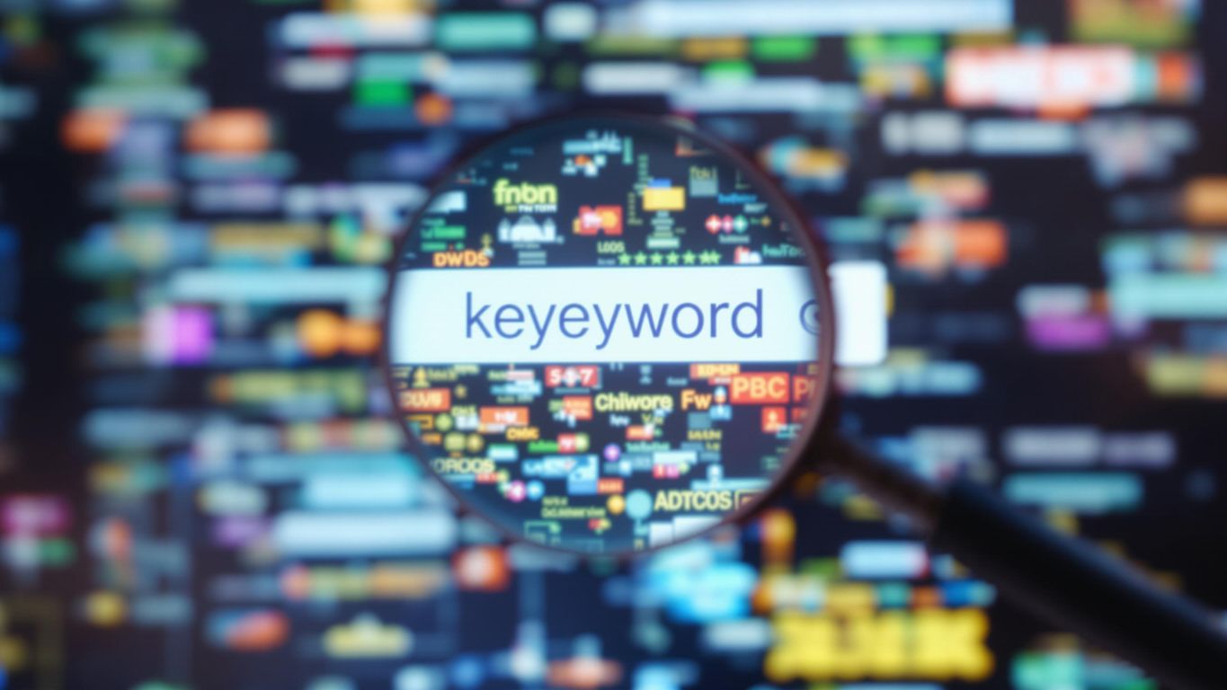 Forstørrelsesglass over digital skjerm for SEO nøkkelord.