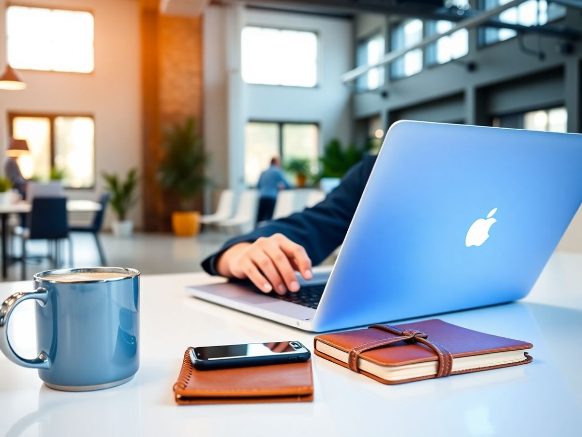 Profesional folosind laptop într-un birou modern, iluminat de lumină naturală.
