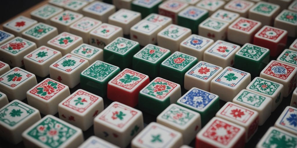Colorful Mahjong tiles neatly arranged in a grid pattern.