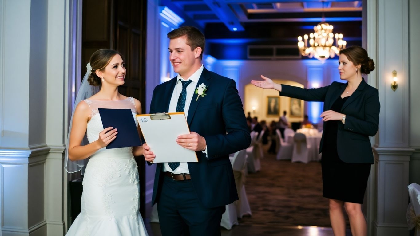 Bride and groom with wedding planner and venue coordinator.
