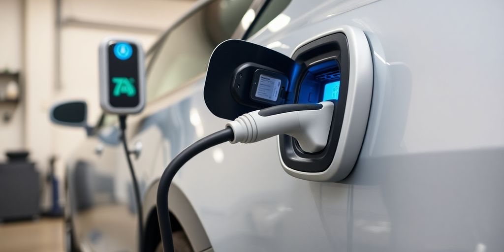 Electric vehicle charging at home with 240-volt station.