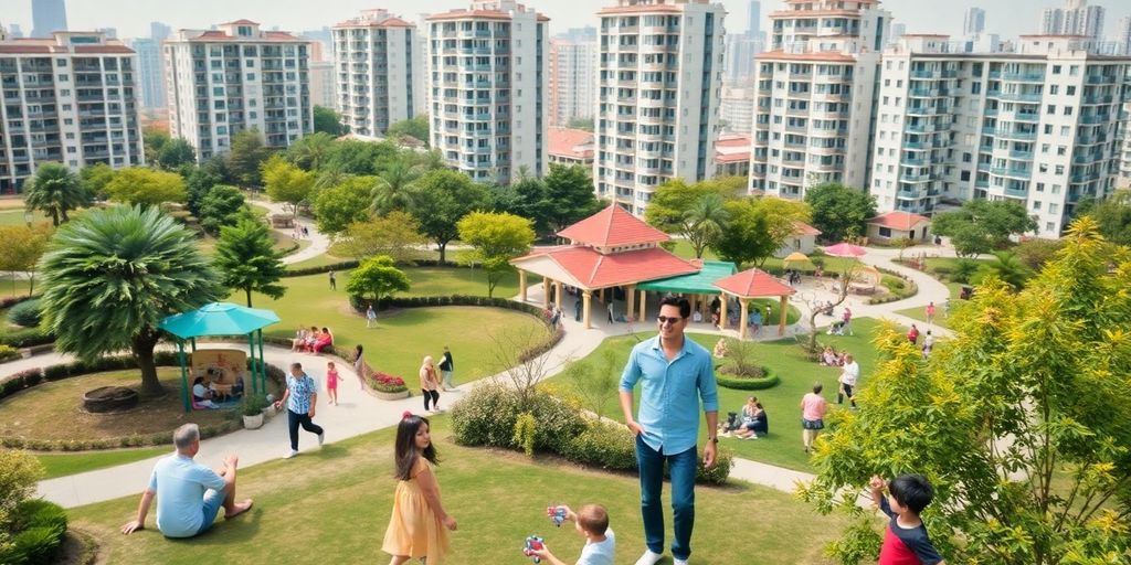 Family-friendly neighbourhood in Shanghai with parks and families.