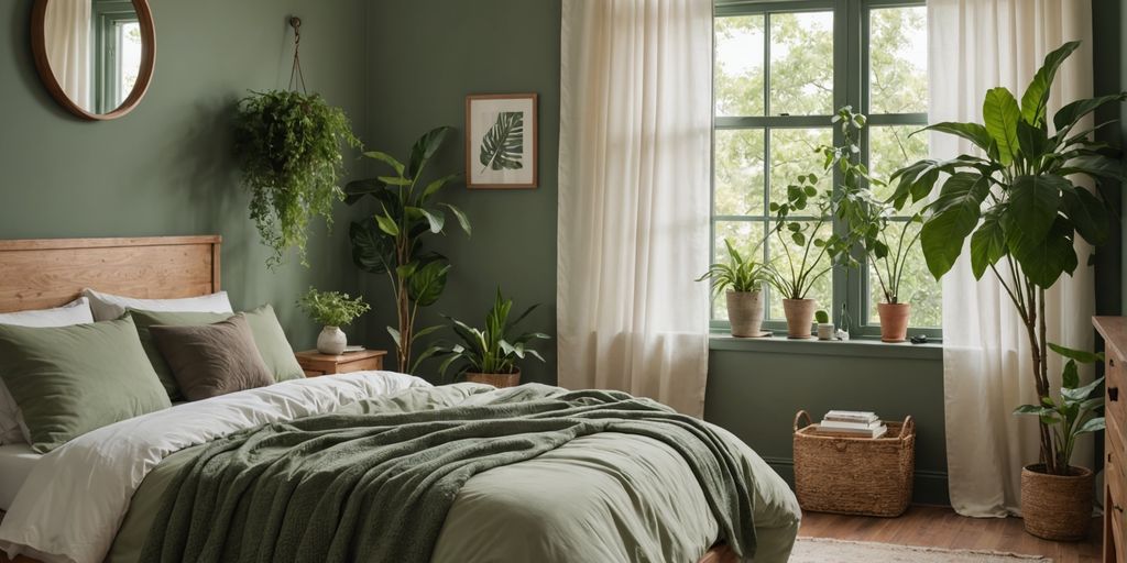 Bedroom with muted green walls and wooden bed frame