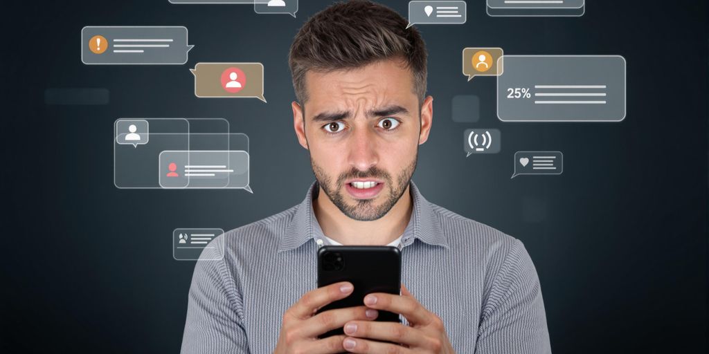 Person inquiet devant son téléphone, symbole de précaution.