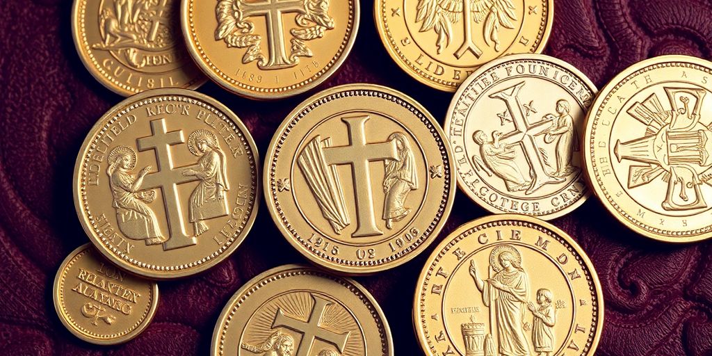 Pièces d'or avec motifs religieux détaillés.