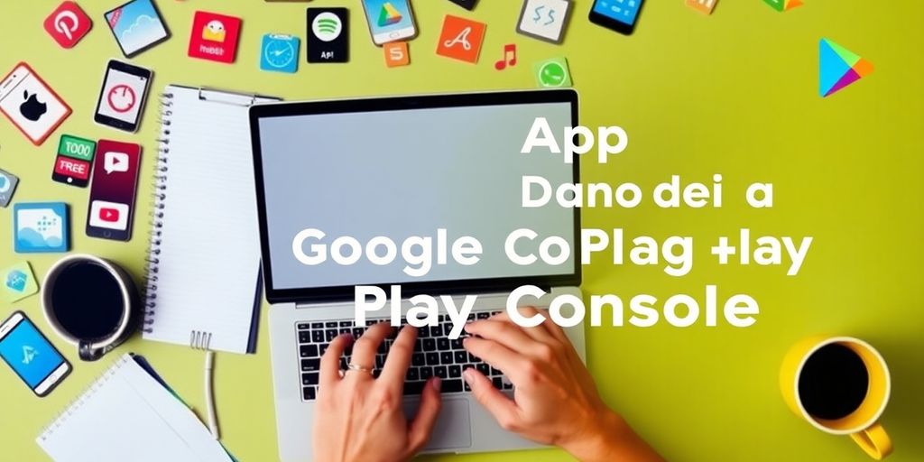 Developer at laptop with app icons and workspace items.