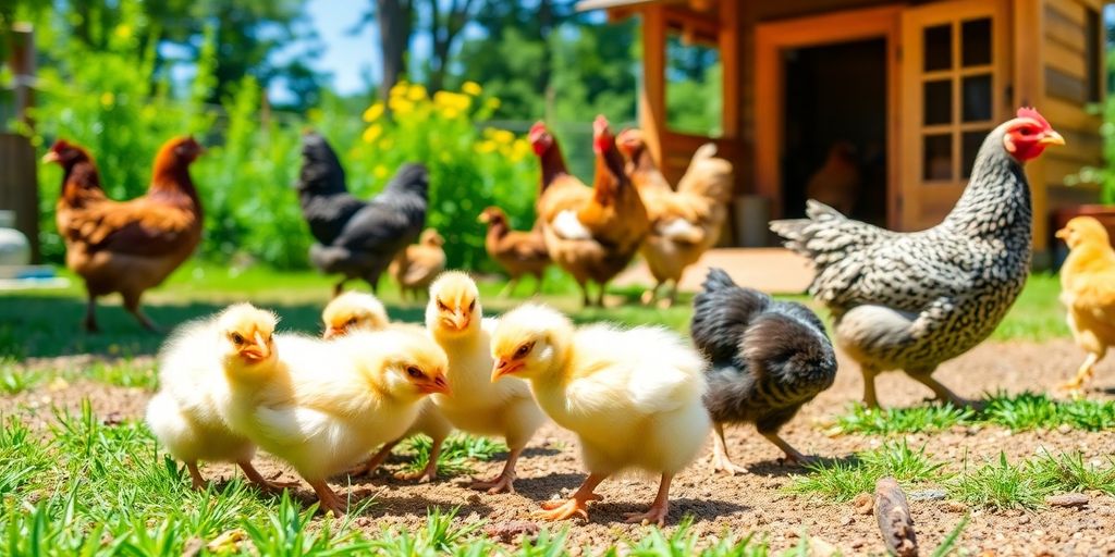 Chicks and adult chickens in a sunny backyard setting.