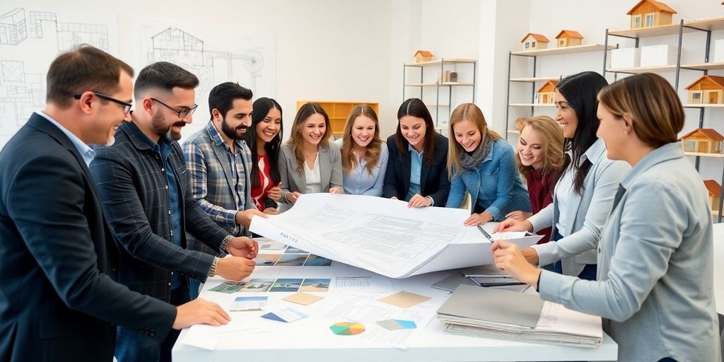 Architects, designers, and contractors collaborating on home renovation plans.