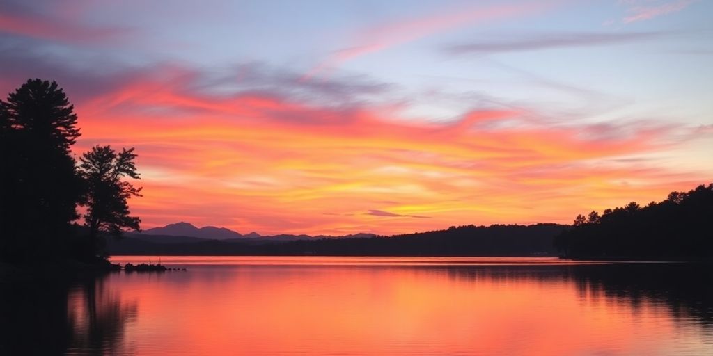 Tranquil sunset over a lake with silhouetted trees.