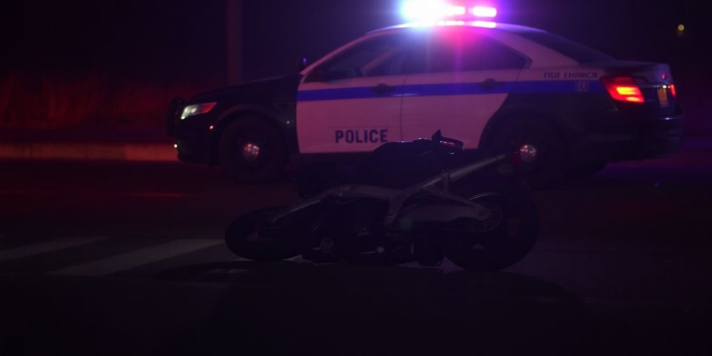 Damaged motorcycle and police car at accident scene.