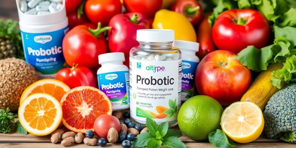 Colorful probiotics and healthy foods on a wooden table.