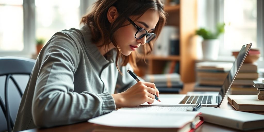 Content writer at desk, focused on creating high-quality content.