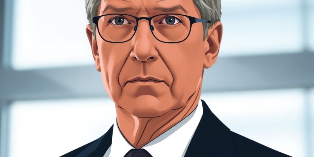Tim Cook, serious, looking forward, professional attire, office setting.