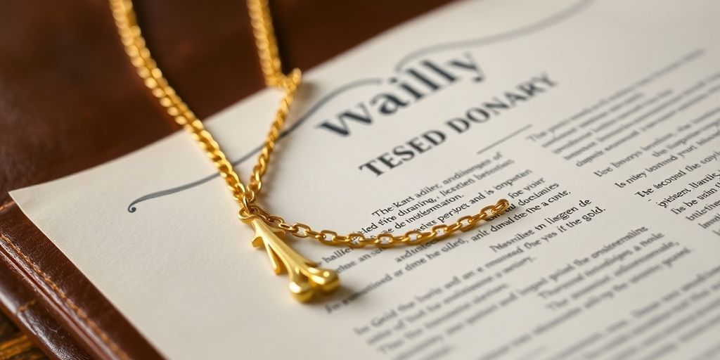 Collier en or sur un testament en cuir ancien.