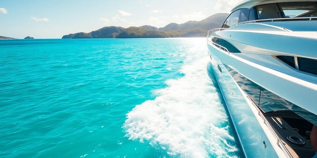 Luxury yacht cruising turquoise Caribbean waters, sunny day.