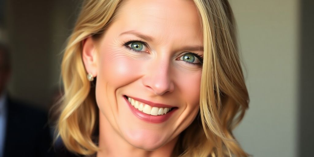 Laura Dern smiling in a stylish outfit, warm lighting.