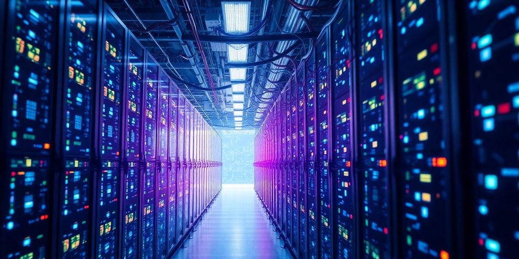 Futuristic data centre with glowing servers and cooling systems.