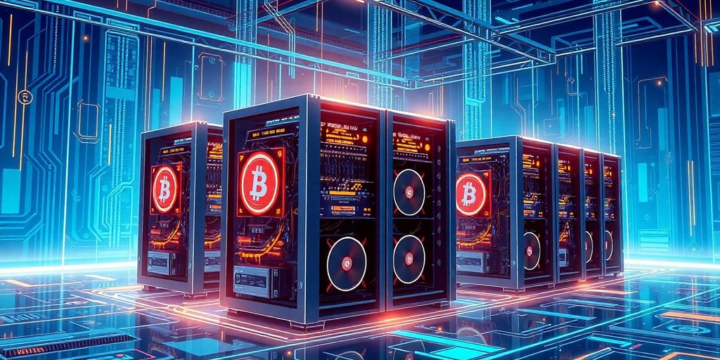 Futuristic crypto mining equipment in a high-tech setting.