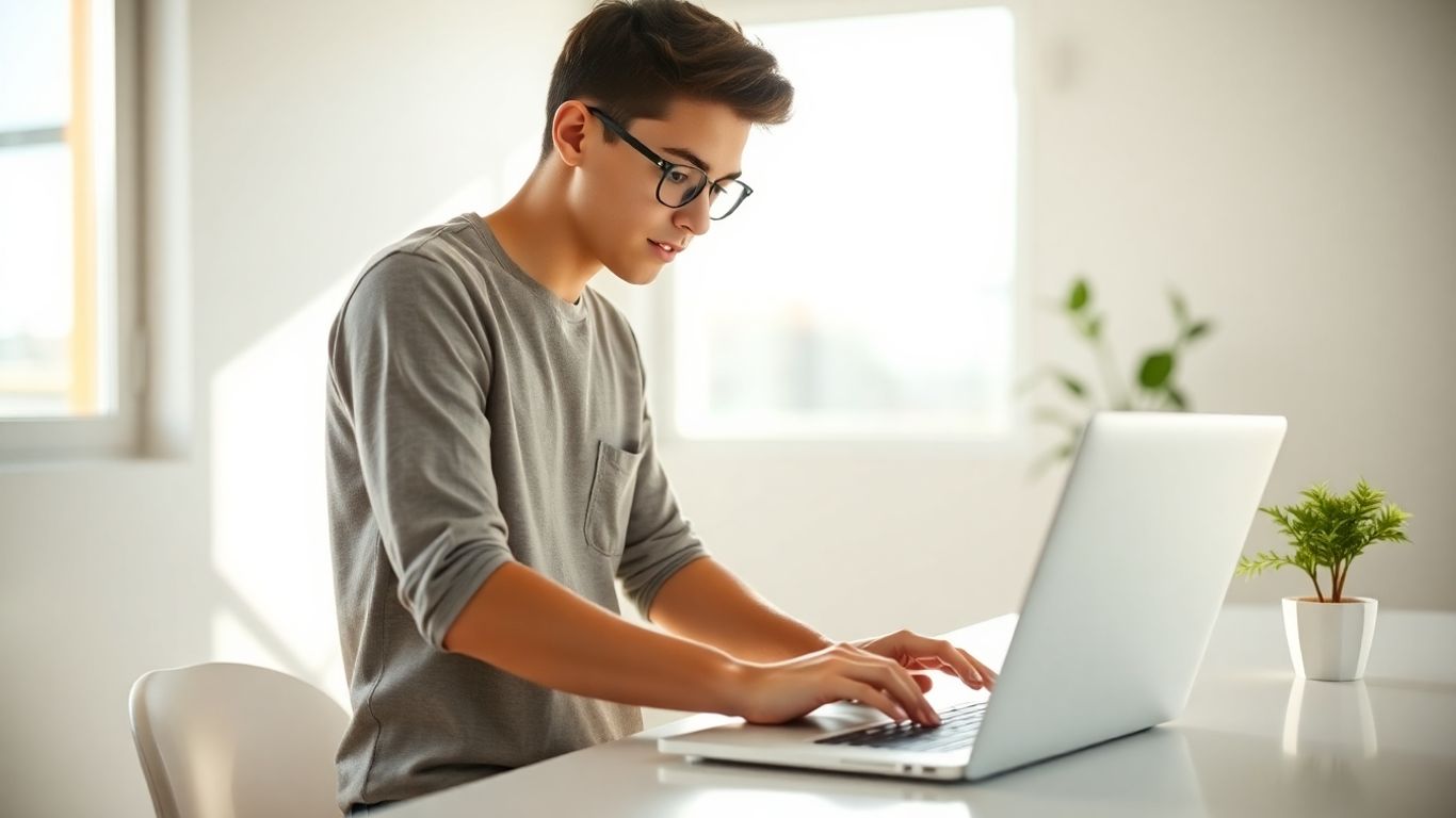 Young person working on laptop, bright workspace.
