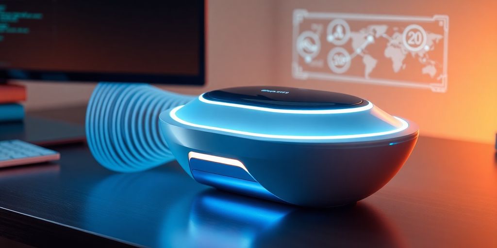 Futuristic voice recognition device with sound waves and accents.