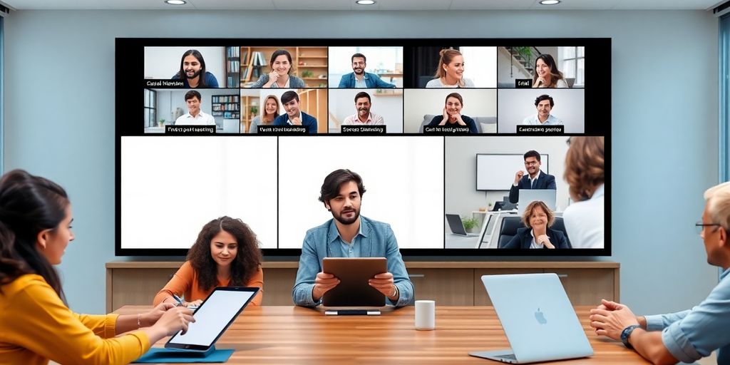Diverse students in an online classroom with technology tools.