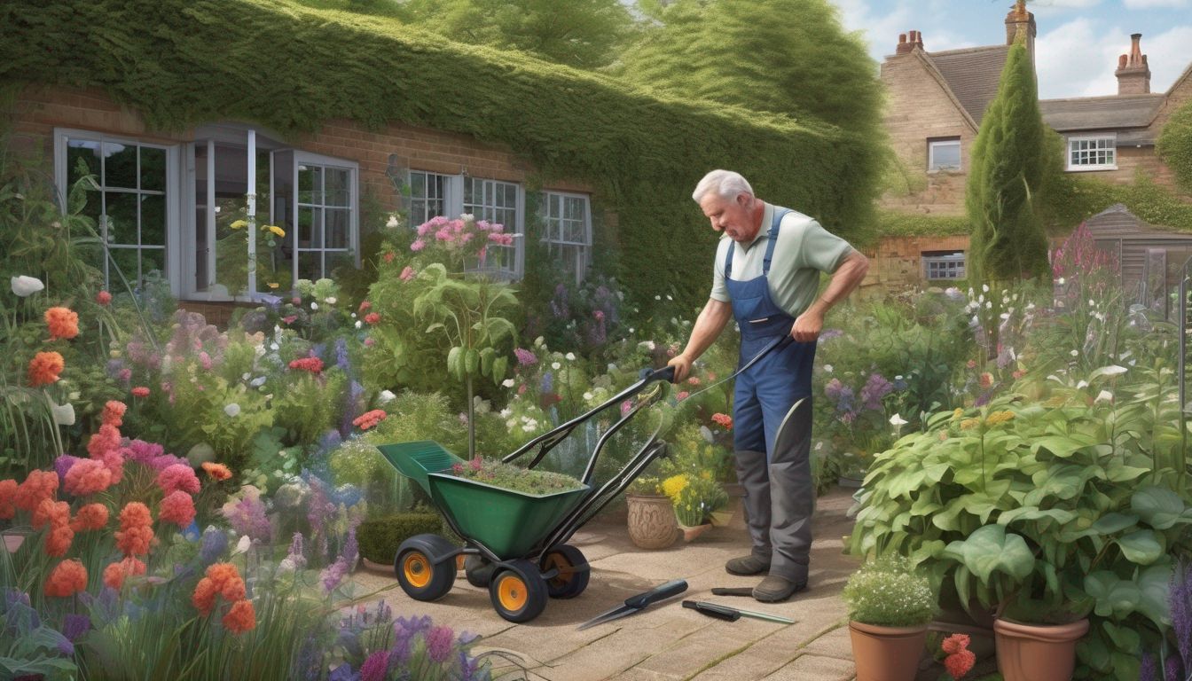 gardener pruning plants in a British garden with essential tools