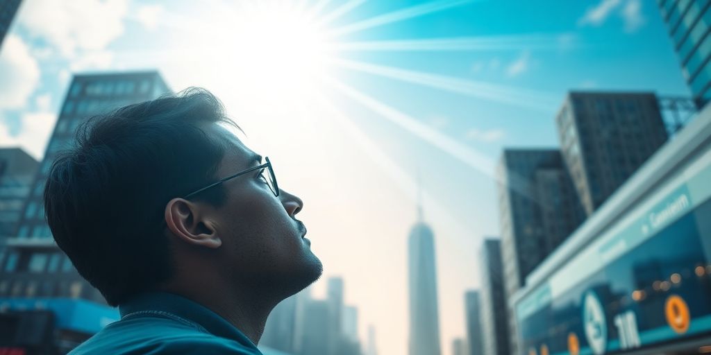 Investor observing a vibrant cityscape with upward-moving light trails.