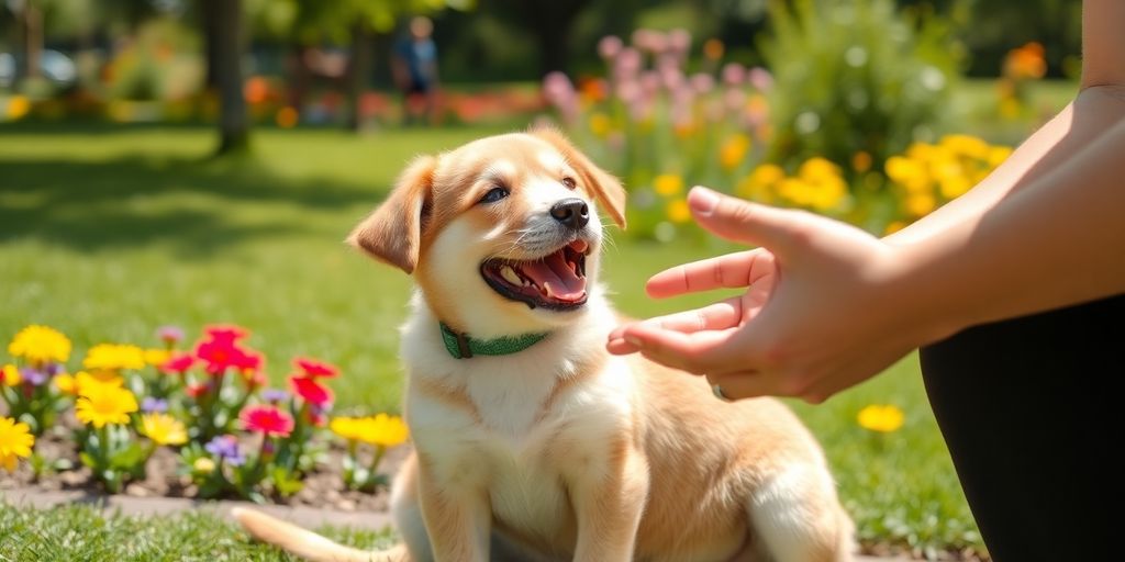 A cute puppy learning commands in a sunny park.