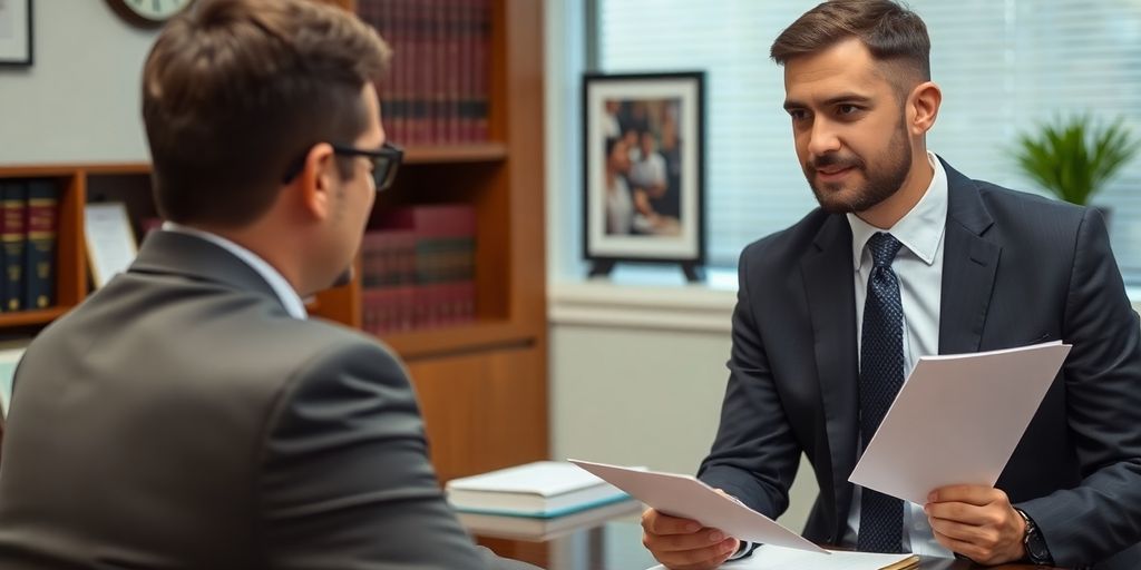 Criminal defense lawyer consulting with a client in office.