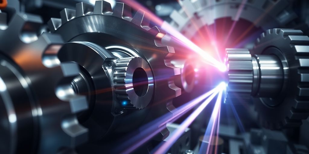 Gears meshing with glowing light streams.