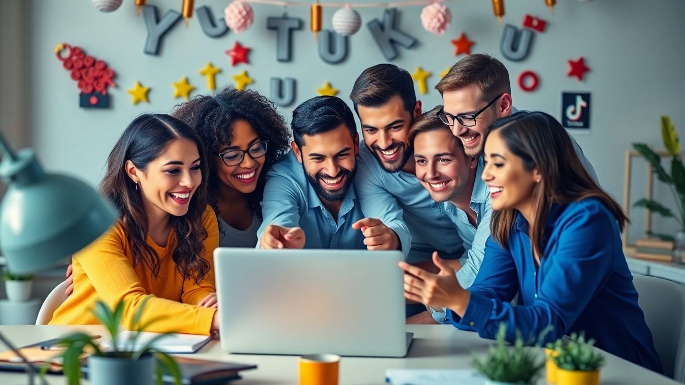 Group discussing TikTok ad strategies around a laptop.