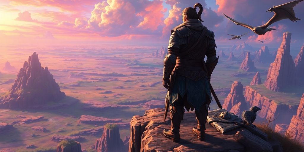 Ein Held in Rüstung auf einem Kliff, fantastisches Landschaftsbild.