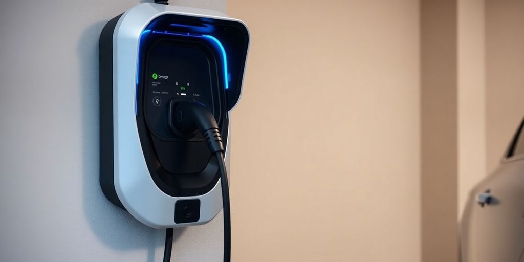 Home electric vehicle charging station in a garage.