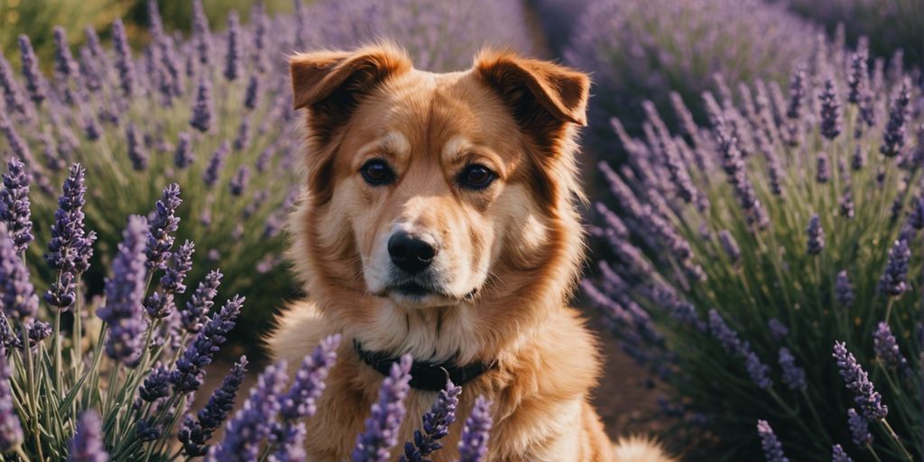 Calm dog sitting in lavender field, serene atmosphere.