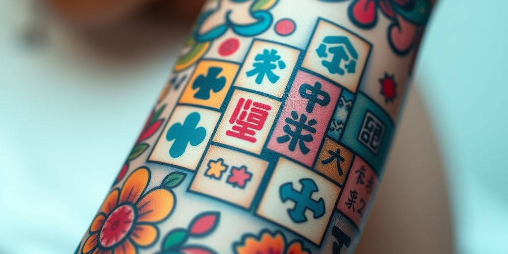 Colorful mahjong tile tattoo on forearm