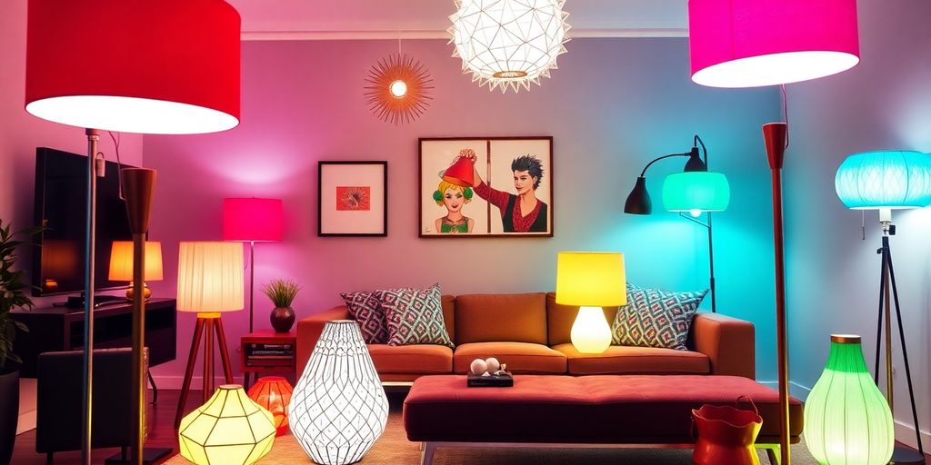 Colourful funky floor lamps in a stylish living room.
