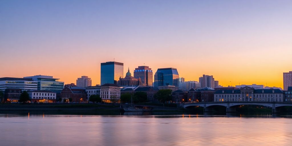 Downtown Des Moines skyline at sunset with river.